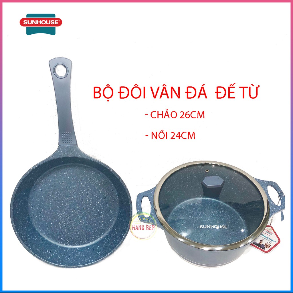 Bộ đôi nồi chảo vân đá đế từ 24cm &amp; 26cm  Sunhouse giá rẻ