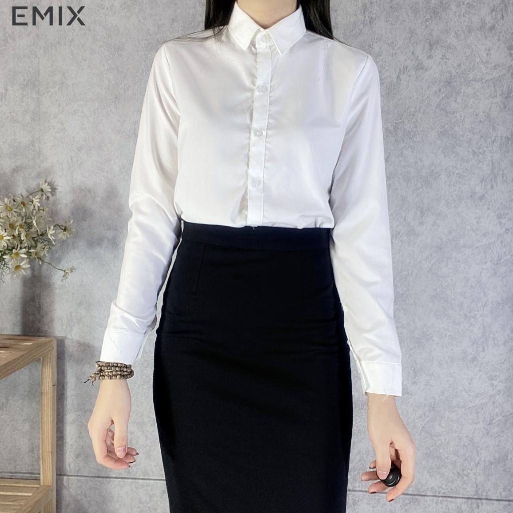 Áo sơ mi nữ công sở EMIX (màu trắng), dài tay, form rộng, cổ sơ mi, chất lụa thô mềm mịn, không nhăn, không lộ a65