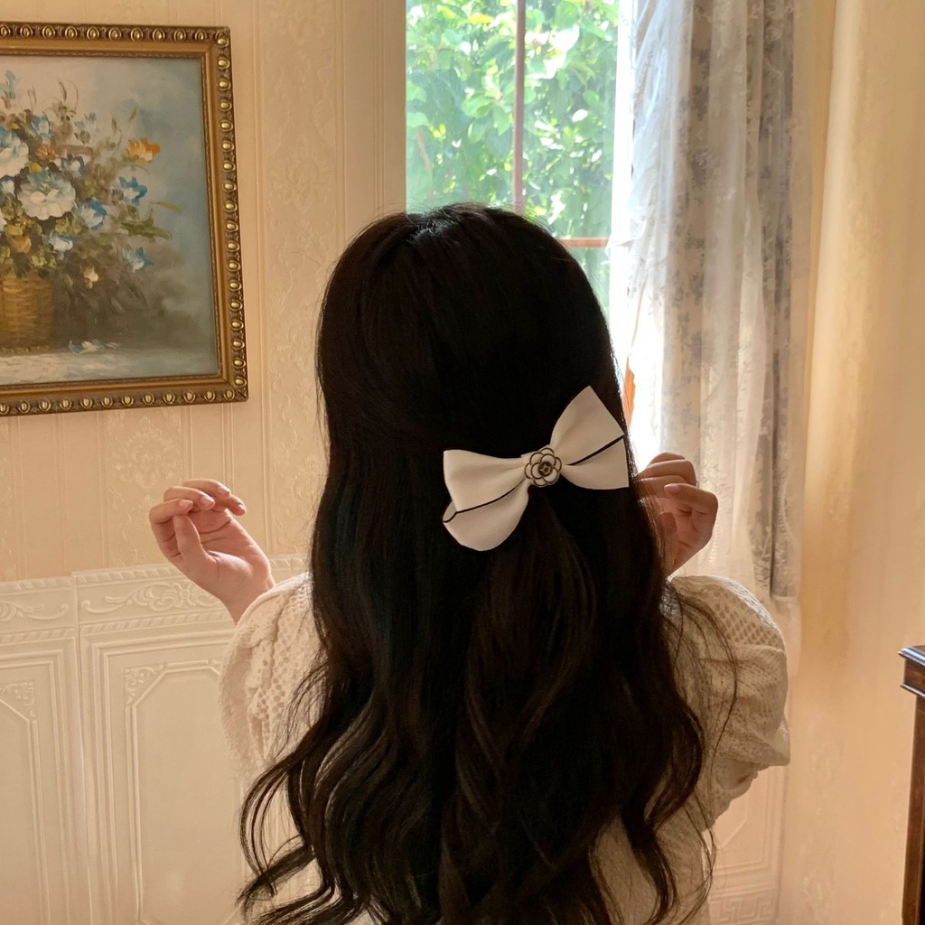 Kẹp Tóc Hình Nơ Hoa Trà Đen Trắng Phong Cách Retro Mùa Xuân Mới