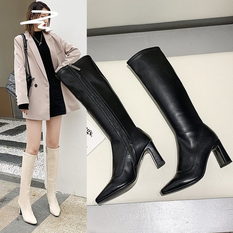 Giày bốt hiệp sĩ ống cao mũi nhọn gót cao dày dài đến gối co giãn hợp thời trang cho nữ