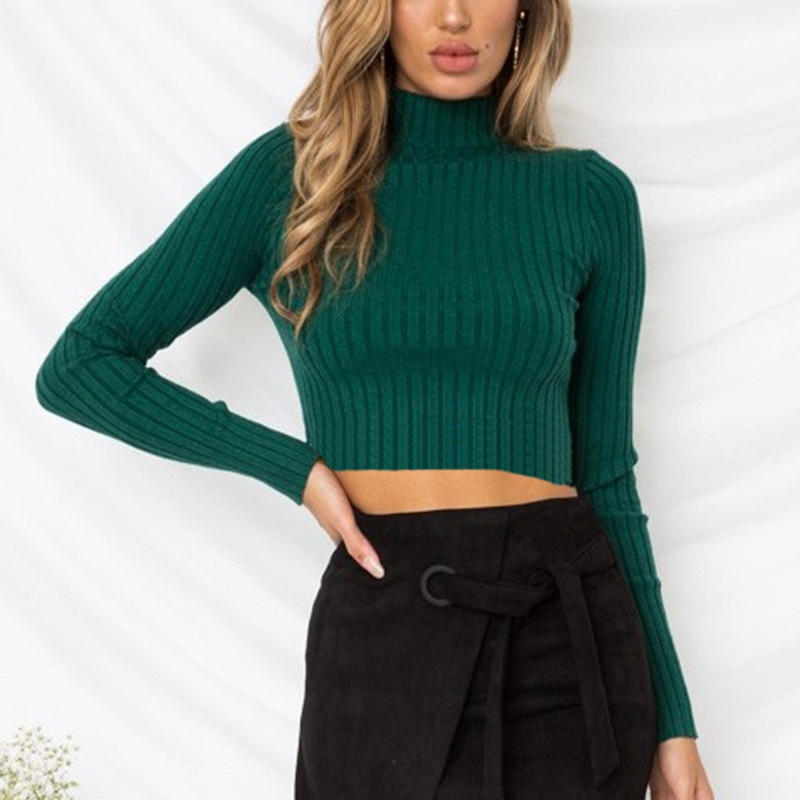 Xiangbao Áo Croptop Dệt Kim Tay Dài Cổ Lọ Ôm Dáng Màu Trơn Cho Nữ