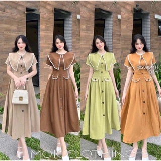 Đầm maxi nút dáng xòe cổ bèo phối viền