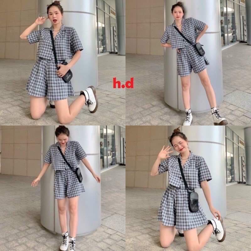 Set áo croptop sơ mi cổ véc + quần đùi ông rộng giả váy hđ