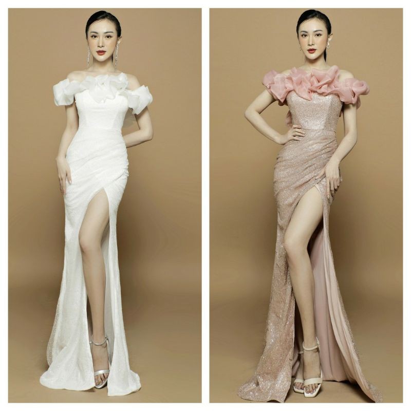 Đầm dạ hội kim tuyến trễ vai voan kiếng cao cấp tặng hoa tai