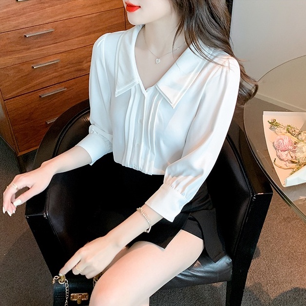 Áo Sơ Mi Chiffon Tay Lửng Cổ Búp Bê Xếp Ly Hai Lớp Màu Trắng Thời Trang Mùa Hè Dành Cho Nữ