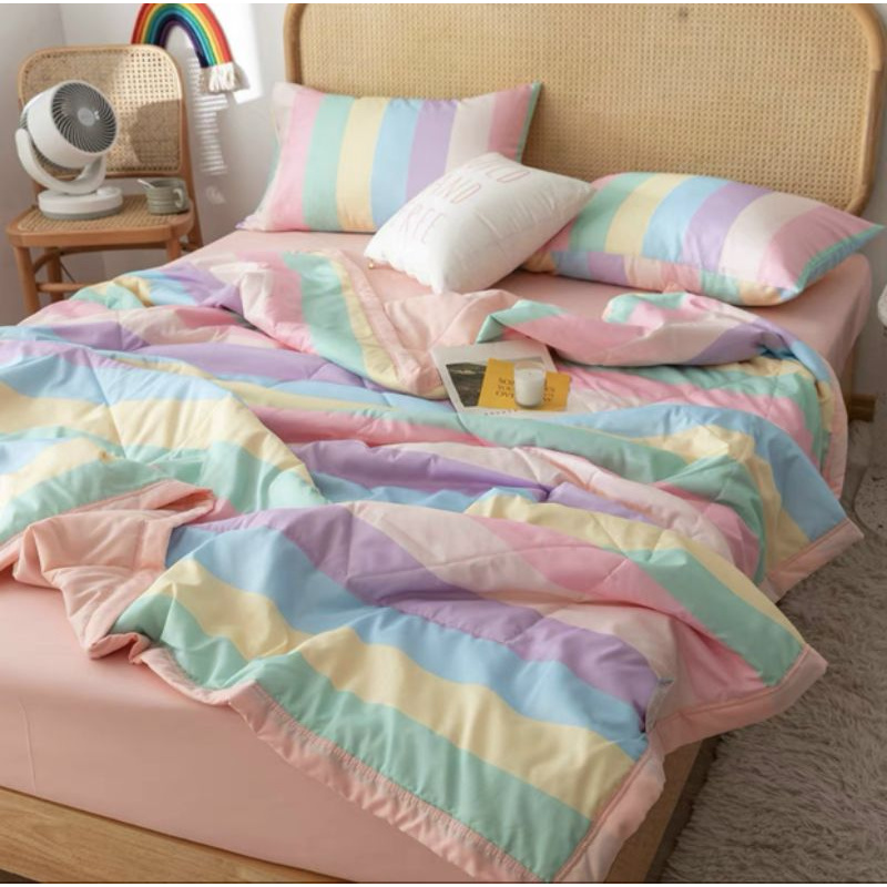 set chăn đũi kẻ đẹp 4 món mềm mịn, mát, thấm hút mồ hôi tốt