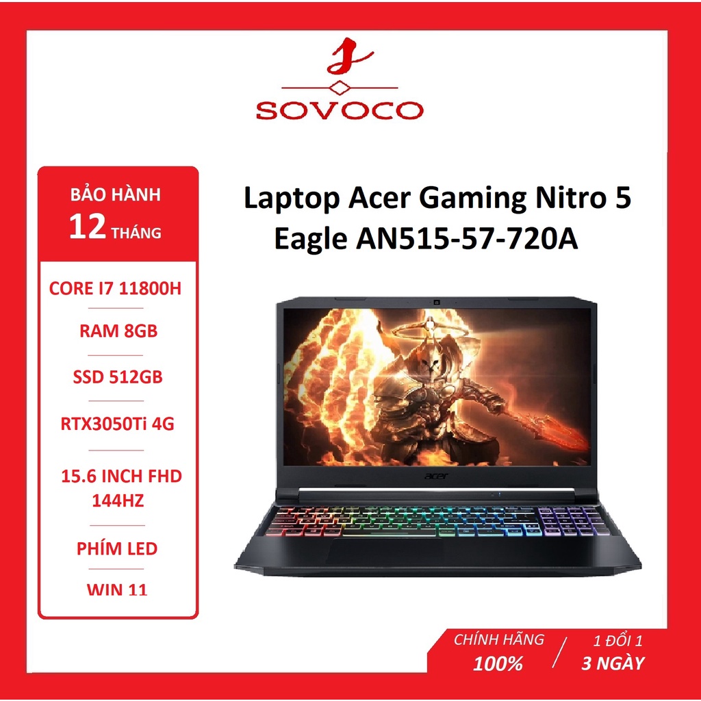 Laptop Acer Gaming Nitro 5 Eagle AN515-57-720A (i7 11800H/8GB Ram/512GB SSD/RTX3050Ti 4G/15.6 inch FHD 144Hz/Win11) 2021