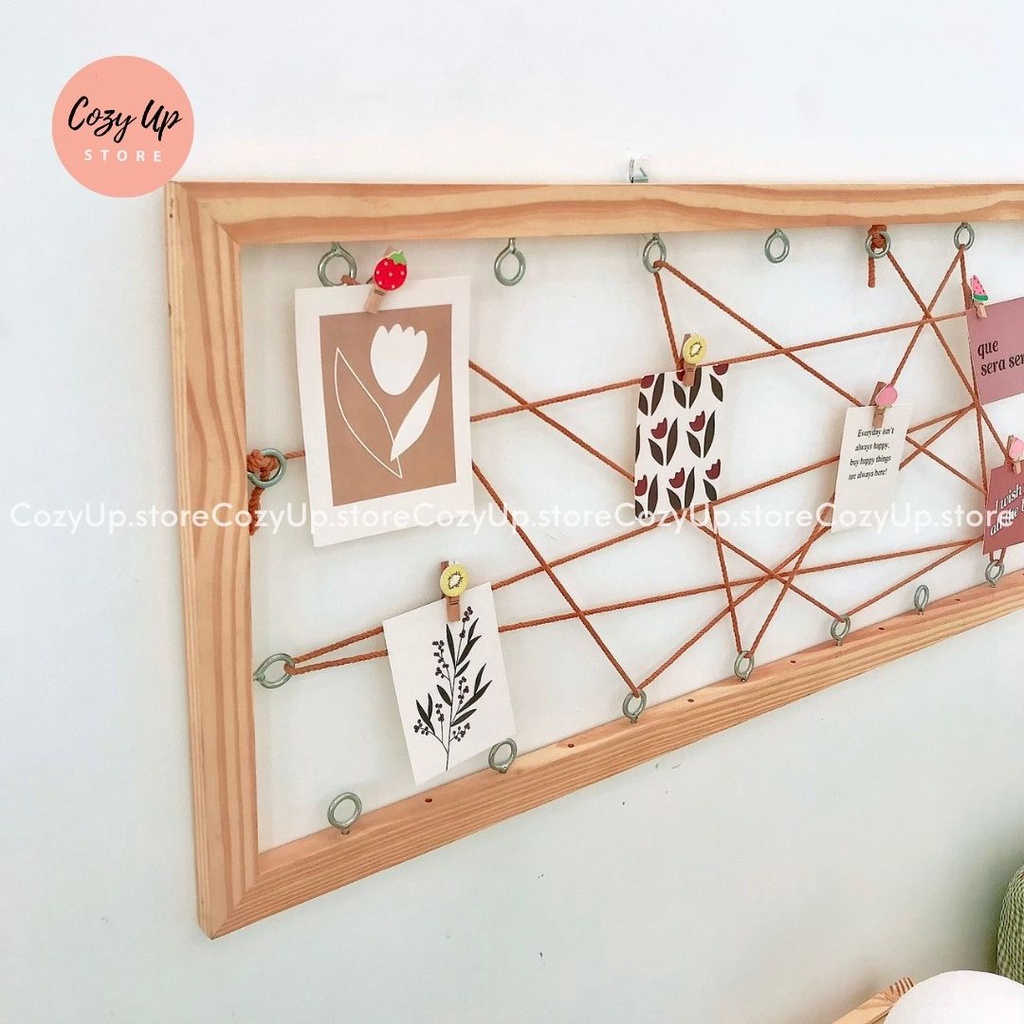 Khung gỗ treo tường trang trí - Tặng kèm dây thừng, sticker, kẹp gỗ