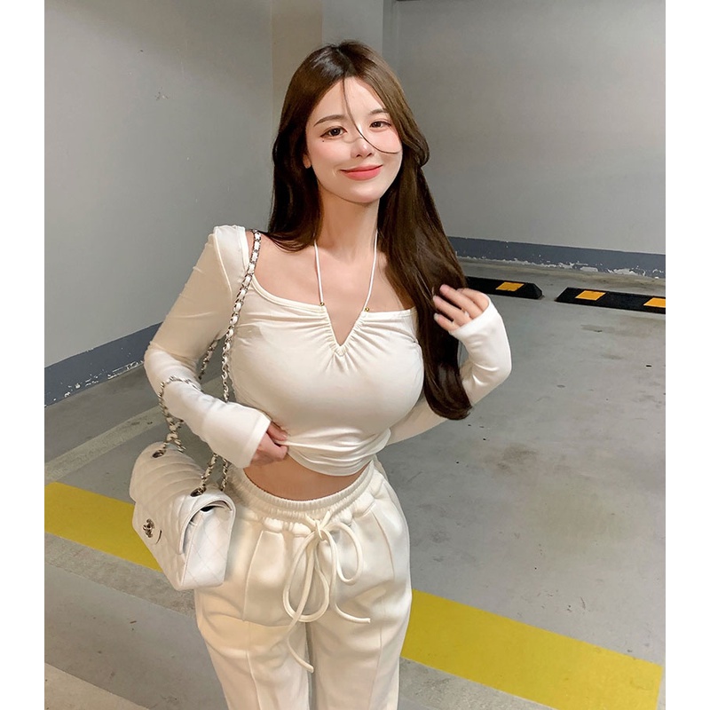 QKOOLE  Áo tay dài  màu trơn hai dây chéo cổ ôm dáng gợi cảm phong cách Hàn Quốc dành cho nữ