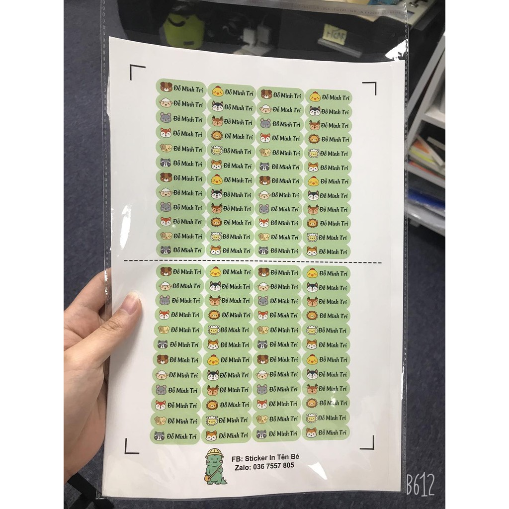 Sticker dán hình thú in tên theo yêu cầu, miễn phí thiết kế, 19 tem dán trên khổ giấy A4, dán sách vở, balo,... đồ dùng