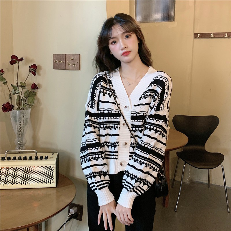 Áo khoác cardigan len nữ dài tay dệt kim thổ cẩm phong cách Hàn Quốc đẹp | BigBuy360 - bigbuy360.vn