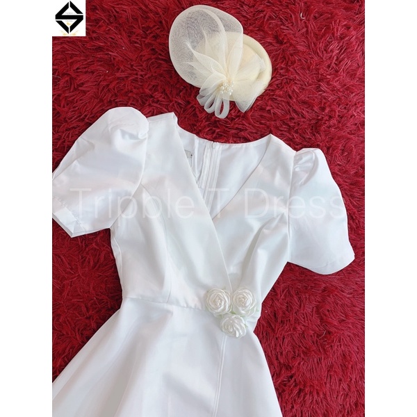 Đầm maxi mặc cưới xẻ đùi nhẹ kết bông hoa eo - size M/L - MS06HV