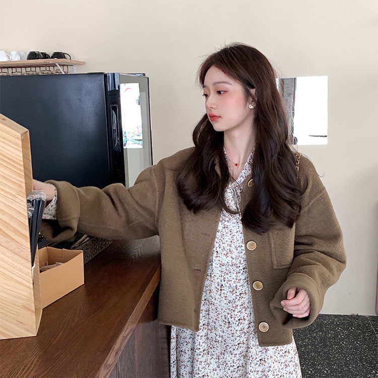 Đầm tay dài phồng cổ chữ V in họa tiết hoa thời trang thu đông cho nữ