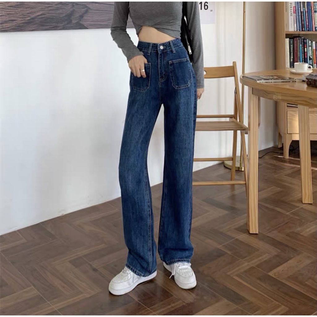 Quần jean nữ ống rộng lưng cao thiết kế 2 túi trước độc đáo, phong cách ulzzang RÔ STORE QD37