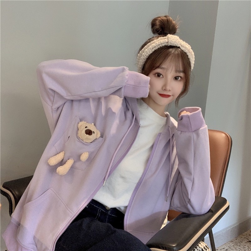 Áo khoác nữ tay dài có nón dây kéo túi gấu bông ulzzang ( 3 màu )