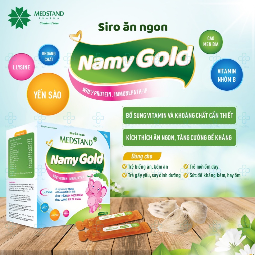 Siro ăn ngon Medstand Namy Gold - Siro ăn ngon cho bé hết biếng ăn tăng sức đề kháng (Hộp 20 ống) [Chính hãng]