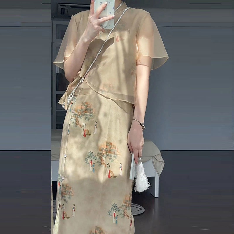 Bộ Áo + Chân Váy Sườn Xám Cách Tân Chất Liệu Chiffon Phong Cách Trung Hoa Cổ Điển Thời Trang 2022 07.28