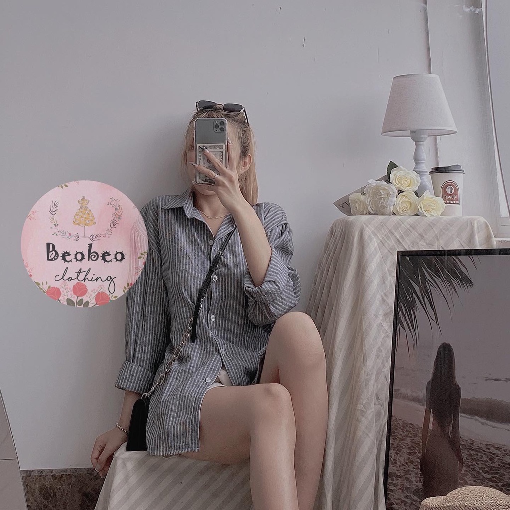 Áo sơ mi kẻ sọc rút dây cột nơ lưng ulzzang