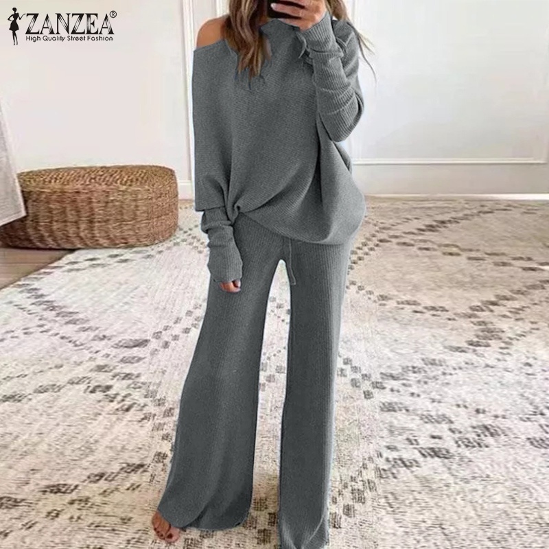 Set đồ ZANZEA áo cổ tròn tay cánh dơi kèm quần ống rộng lưng cao giữ ấm thời trang giản dị dành cho nữ