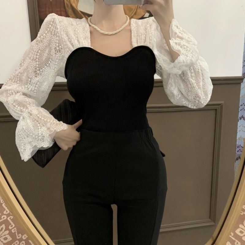 Áo dệt kim phối ren thời trang mùa thu mới dễ phối đồ dành cho nữ
