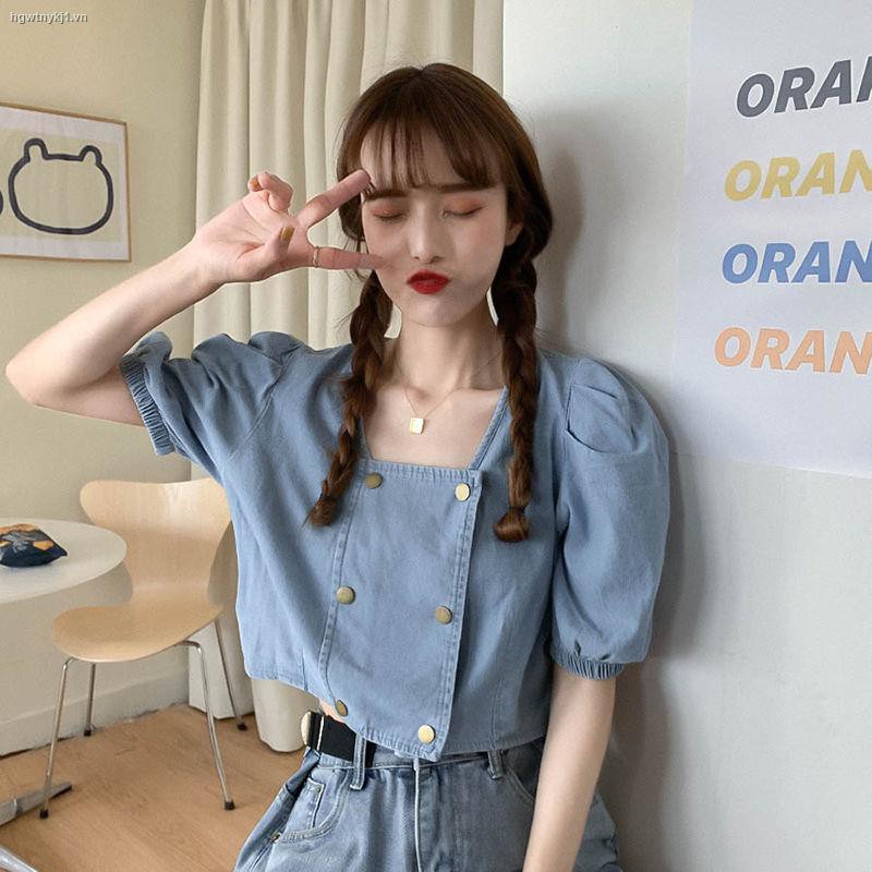 ۩✿Summer 2021 new retro Hong Kong style design sense navel short loose square collar denim short-sleeved shirt top women