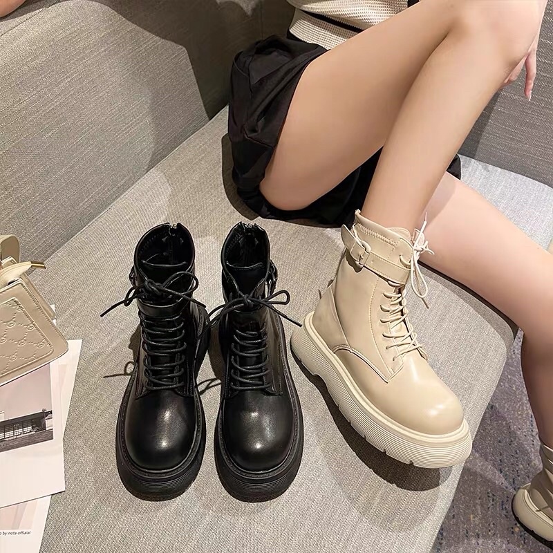 Giày bốt đế bánh mì khoá sau Cao Cấp - boots nữ độn đế cài khuy hàng Xuất Sịn