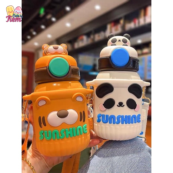 Bình nước giữ nhiệt bằng thép không gỉ hình hoat hình dễ thương cho bé kèm túi đựng bình có dây đeo