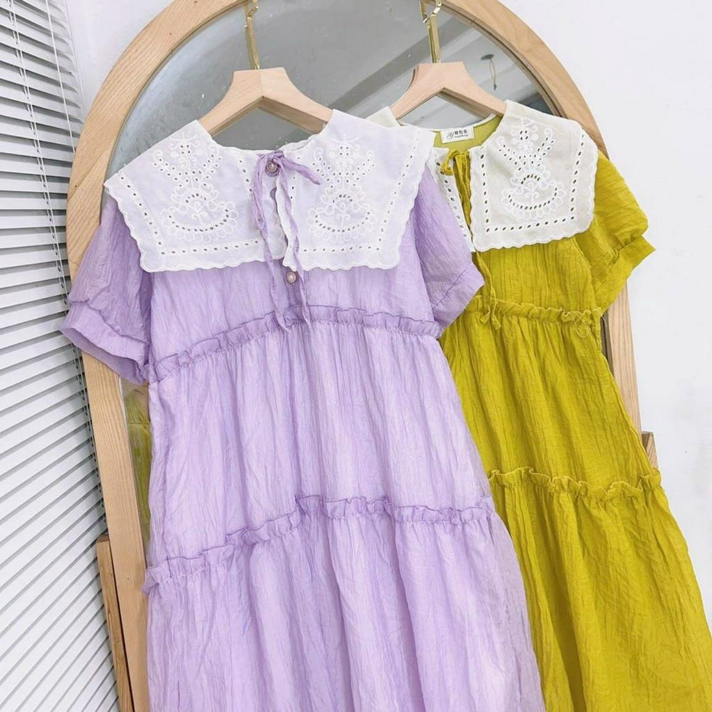 Đầm Bầu Váy Bầu Công Sở Đi Chơi Dự Tiệc Mùa Hè Chất Voan Tơ Cổ Ren Nhiều Tầng Xinh Xắn HD2773 Honey Mommy