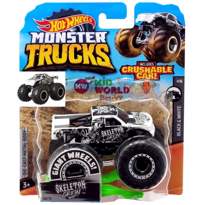 Xe mô hình Hot Wheels Monster Trucks Crushable Car Giant Wheels Skeleton Crew GJF17.