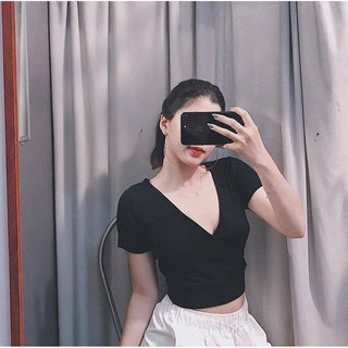 Áo chéo ngực bo eo tay ngắn