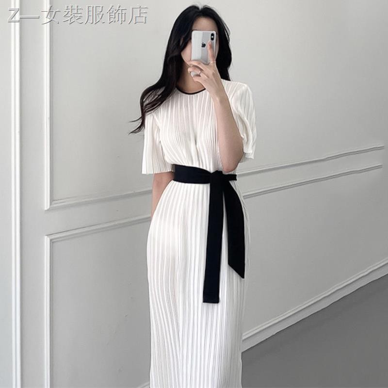 Đầm Dáng Rộng Dài Cổ Tròn Thiết Kế Xếp Ly Cột Dây Eo Phong Cách Hàn Quốc Thanh Lịch Cho Nữ