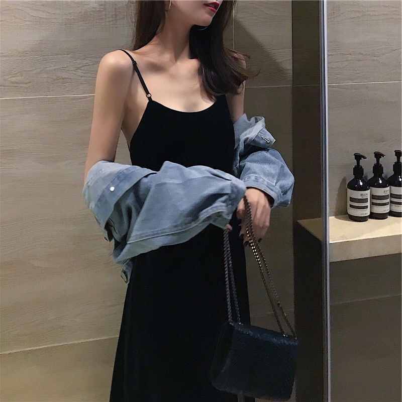 Đầm 2 Dây Hở Lưng Sexy Dáng Dài Màu Đen Phong Cách Thời Trang Pháp Cổ Điển Váy Nữ