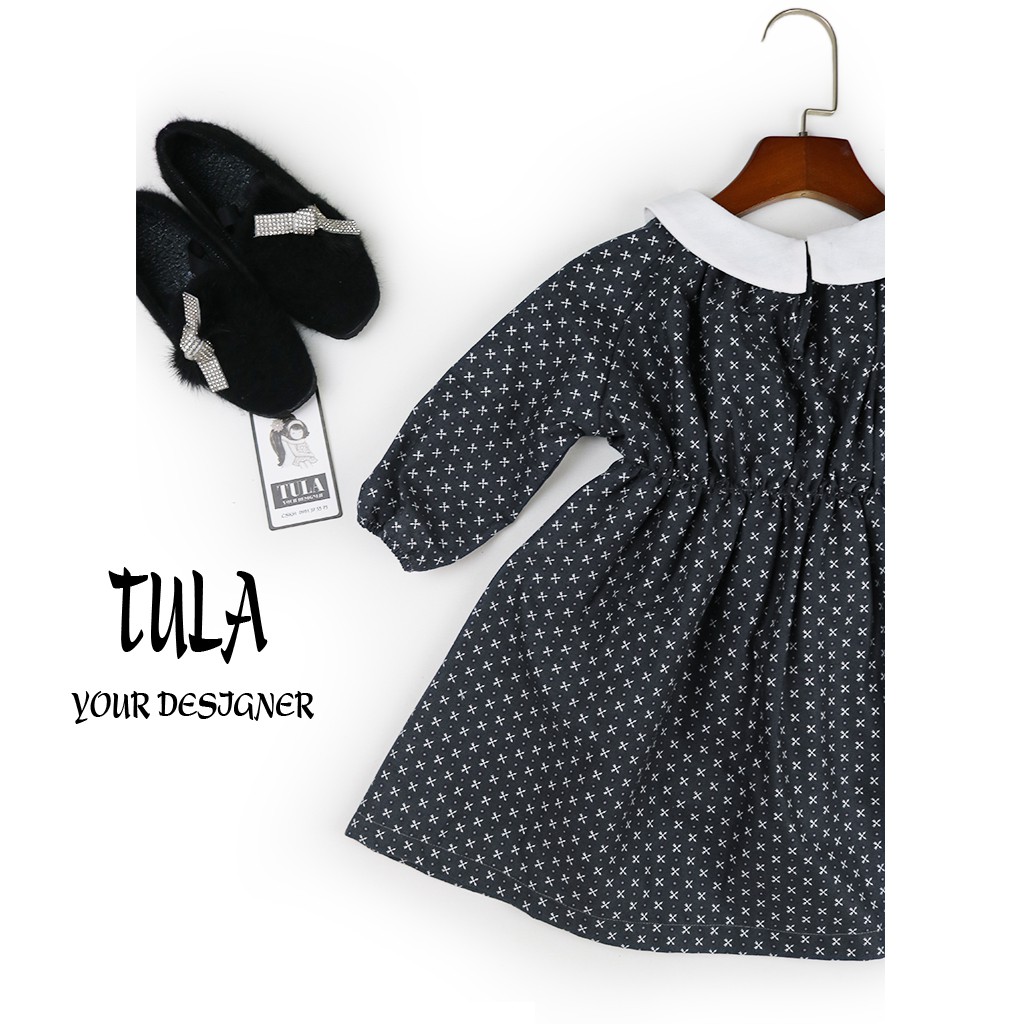 Váy Đầm Bé Gái Chun Eo Phối Cổ Trắng Màu Đen Họa Tiết Nhí Cực Xinh Vải Thô Hàn Quốc