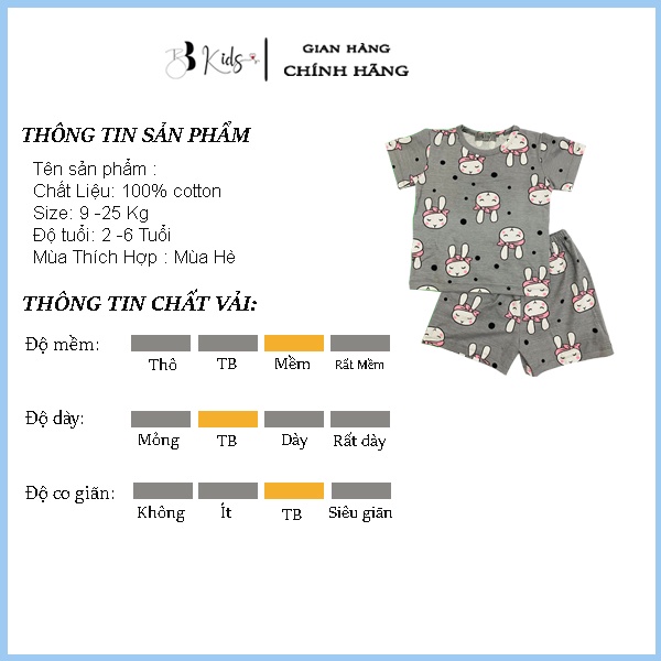 BB Kids Bộ Cotton Ngắn Tay Màu Ghi Cho Bé Gái