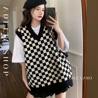 Gile Len | Áo Gile Cardigan Nữ Cổ V Caro Dáng Rộng Chất Len Mềm Form Basic Thời Trang Ulzzang, Khoác Cardigan Dệt Kim