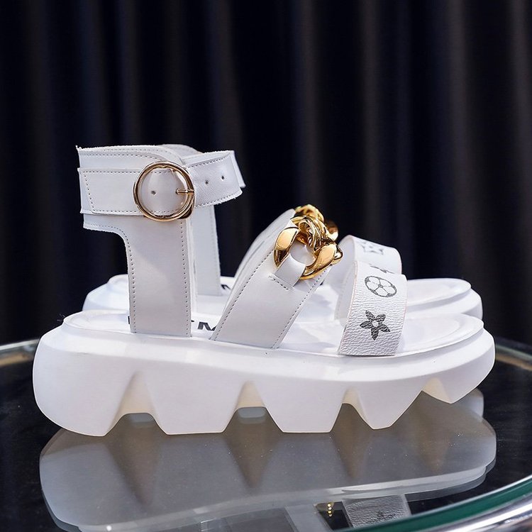 Fashionable Round Head Double Belt Chain Decoration One Line Buckle Middle Heel Sandal for Women