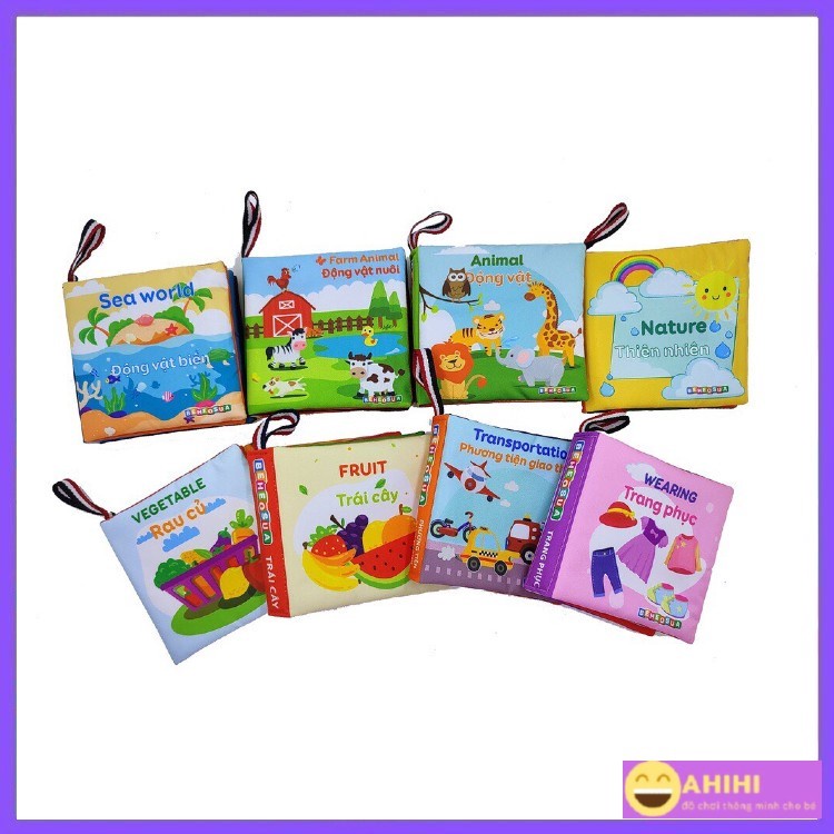 Sách vải cho bé, sách vải song ngữ, đa tương tác Kích thước 12x12cm 8trang, an toàn tuyệt đối cho bé AhihiKids