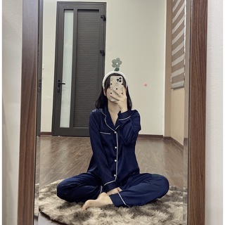 Đồ ngủ pyjama lụa cao bộ dài tay xanh, đen ,Bộ ngủ lụa