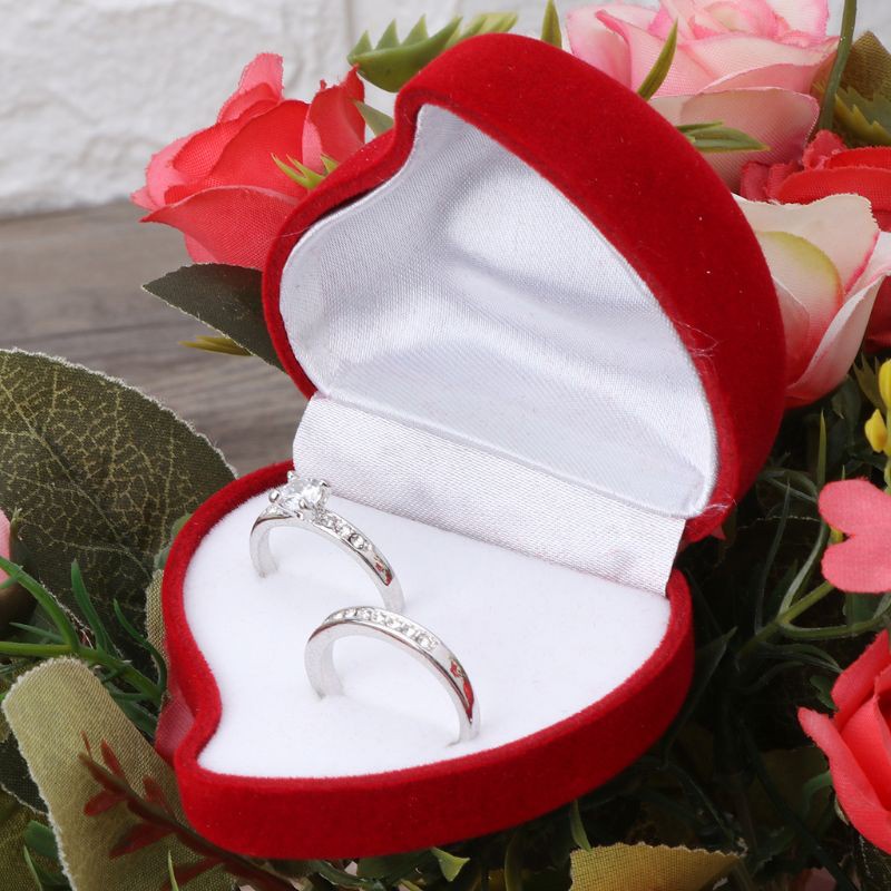 KING Double Wedding Rings Box Velvet Heart Shape Red Rose Flower Box Jewelry Display