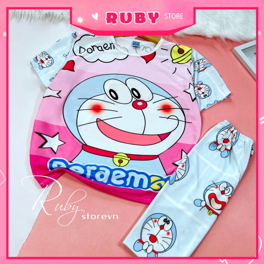 Đồ bộ thun quần LỬNG mẹ và bé size 7kg - 70kg chất thun mềm mát in hình doremon kitty họat hình DBRBL FULL SIZE