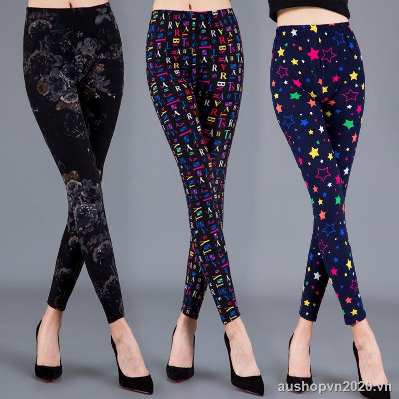 Quần legging vải nhung dày giữ ấm in họa tiết hoa thời trang thu đông dành cho nữ