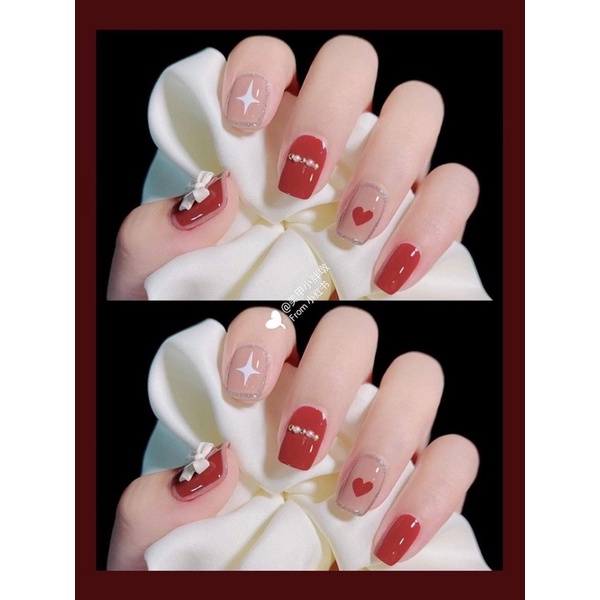 Nailbox tone đỏ đô siêu dễ thương - Set 10 móng giả tự gắn + Tặng bộ dụng cụ