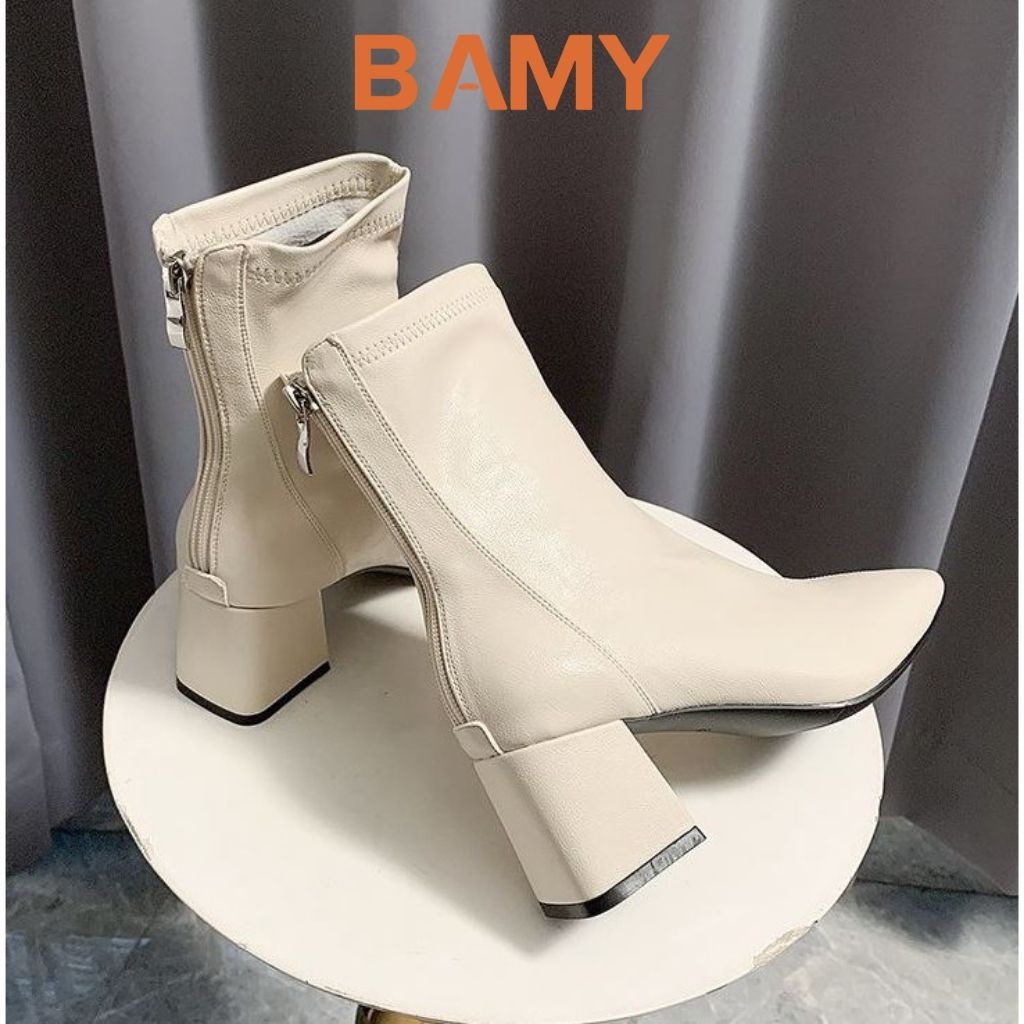 Bốt nữ da mềm Gân Chéo cổ cao khóa sau BAMY, giày boots ulzzang mũi vuông gót trụ 6 phân B01 | BigBuy360 - bigbuy360.vn