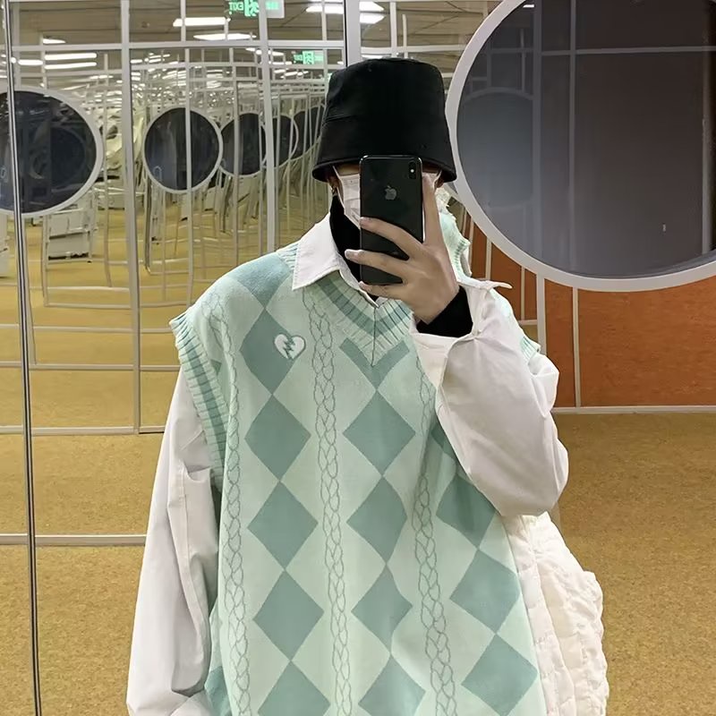 Áo Sweater Không Tay Họa Tiết Kim Cương Phong Cách Đường Phố Mùa Thu 2022 Mới Cho Nam