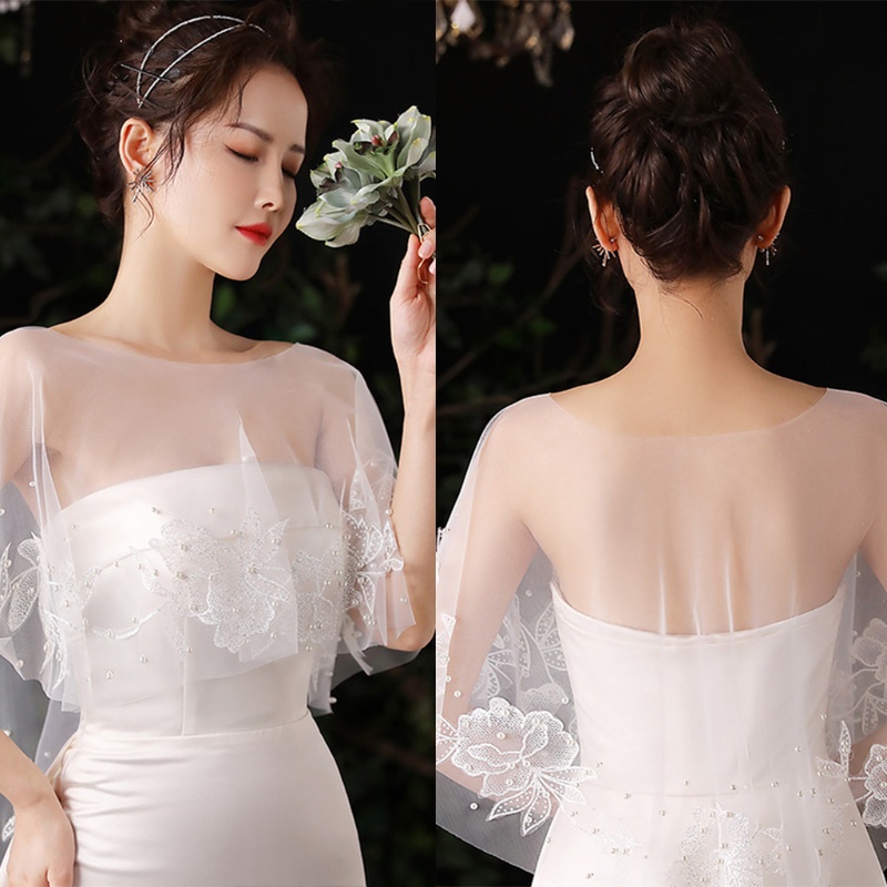 Xiangbao Khăn Choàng Ren Thêu Hoa Đính Hạt Ngọc Trai Giả Cho Cô Dâu Bolero Tulle C