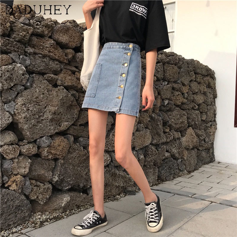 Daduhey Chân váy ngắn denim dáng chữ A có túi ngang hông thời trang mùa hè 2022 mới