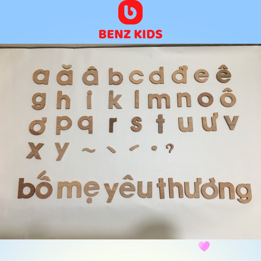 Bộ 200 chữ cái tiếng Anh - Việt chữ thường học ghép thành câu theo pp Montessori bằng gỗ mộc - Benzkids