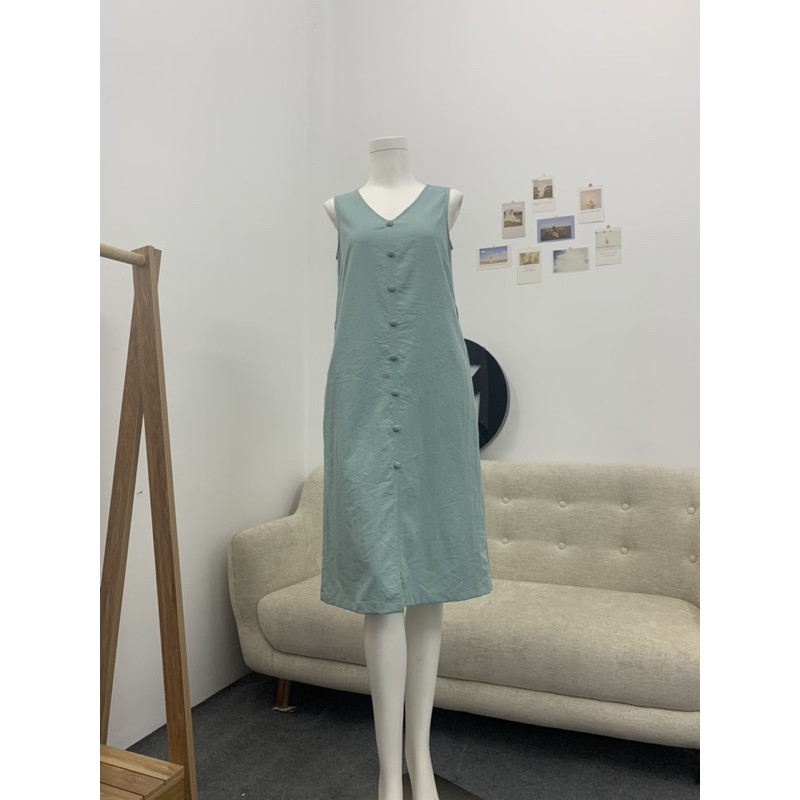 Đầm Nữ - Đầm Midi Dáng Suông, Cổ Tim, Nút Trang Trí Thân Trước, Thời Trang, Thanh Lịch, Duyên Dáng