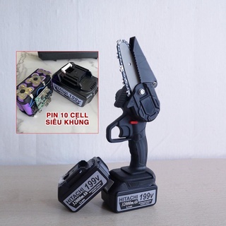 Máy cưa xích pin hitachi 199v kèm 2 pin khủng 10 cell, chuyên dùng để cưa gỗ, cưa cây, máy cưa xích cầm tay dùng pin