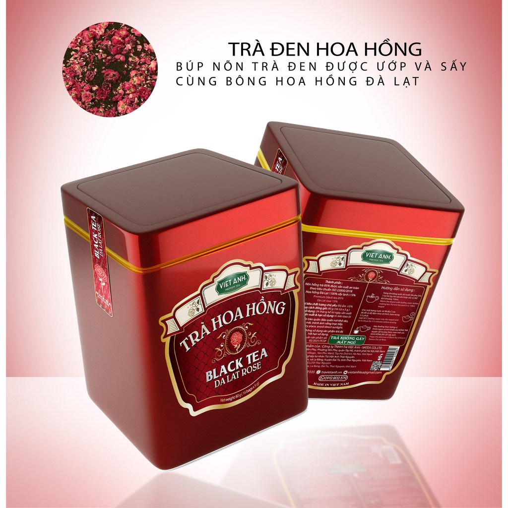 Trà Đen Hoa Hồng Cao Cấp không gây mất ngủ hộp sắt 80g/16 gói - VIETANH TEA